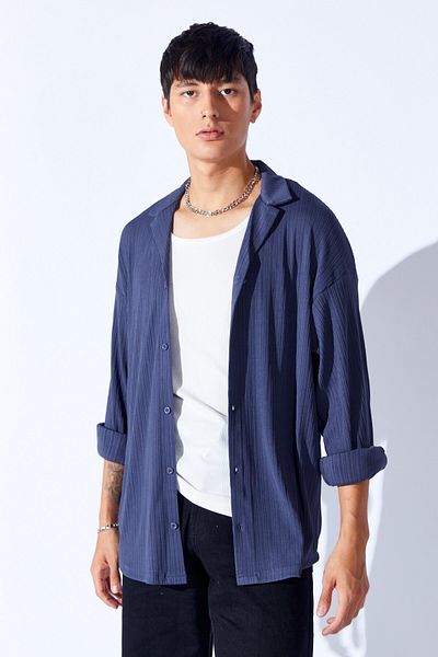 Manche Anthracite Men's Shirt - Jacquard, Thick Texture, Apache Collar, Long Sleeve |   Mann 199990 -1