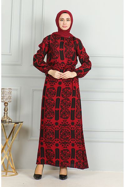 sefamerve Red Viscose Dress - Patterned and Belted 0499-05