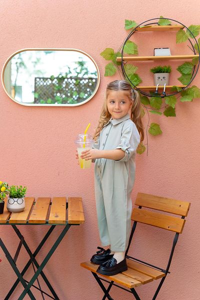 Cigit 2-7 Years Mint Green Collared Pleated Jumpsuit