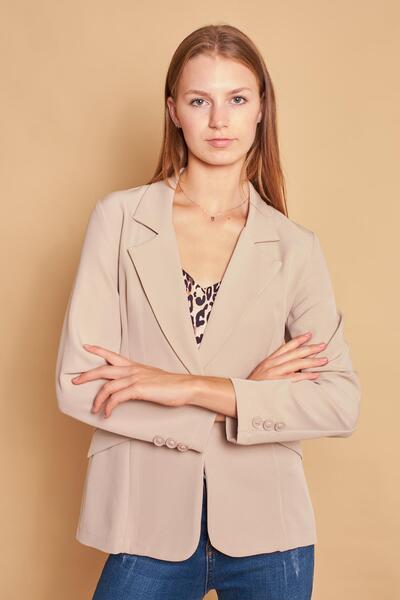 Jument Collared Pocket Flap Long Sleeve Lightweight Lycra Fabric Office Blazer Jacket-Stone