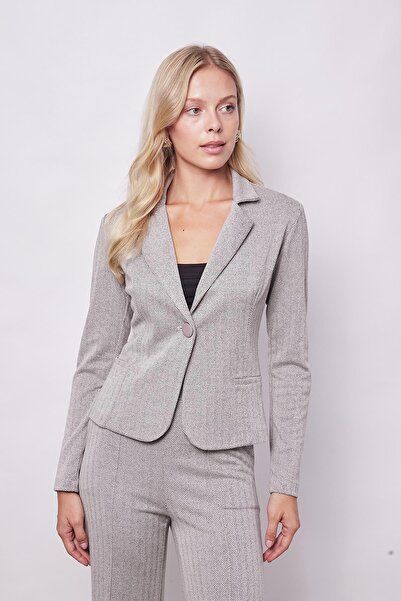 Jument Beige Herringbone Patterned, Light and Soft Textured Women's Mono Blazer Jacket - Long Sleeve