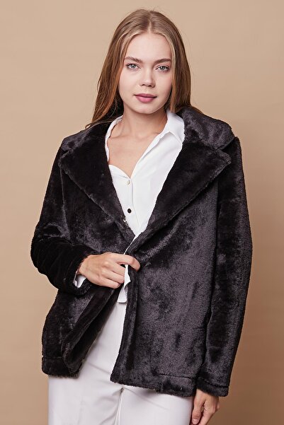 Jument Γυναικείο γιακά με πλαϊνές τσέπες Κοντό παλτό από ψεύτικη γούνα-Μαύρο