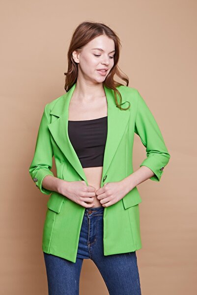 Jument Μεταλλικό κουμπί με λεπτομέρεια με κάλυμμα τσέπης με μανίκια τριών τετάρτων ελαστικό ύφασμα υφασμάτινο μπλέιζερ αθλητικό μακρύ παλτό-πράσινο φιστίκι