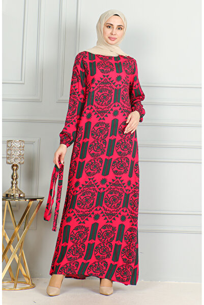 sefamerve Φούξια φόρεμα βισκόζης - με μοτίβο και φύλλο 0499-08