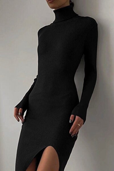 Madmext Siyah Balıkçı Yaka Yırtmaçlı Kadın Elbise Mg1735