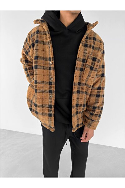 ablukaonline Men's Oversize Checkered Plush Shirt Jacket Brown