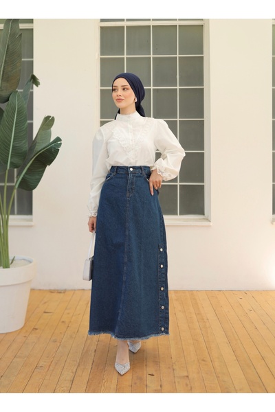 Stealle Women's Side Buttoned Tasseled Maxi Length Dark Blue Lycra Denim Skirt