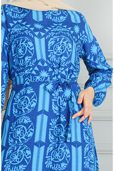 sefamerve Φόρεμα τιρκουάζ βισκόζης - με σχέδιο και ζώνη 0499-07