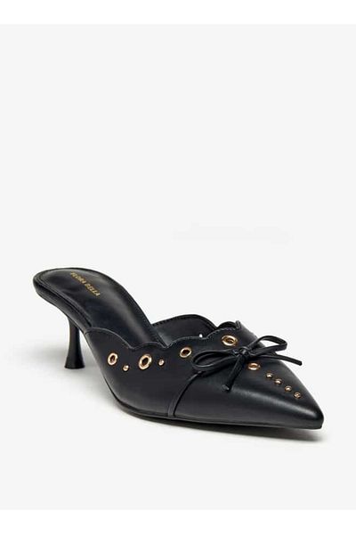 Flora Bella by Shoexpress Flora Bella Eyelet Tetxured Slip-On Mules with Bow Applique and Cone Heels