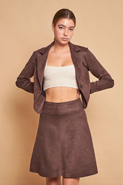 Jument Ανοιχτό ύφασμα Lycra Suede Flato Pocket Μακρυμάνικο κοντό σακάκι-καφέ