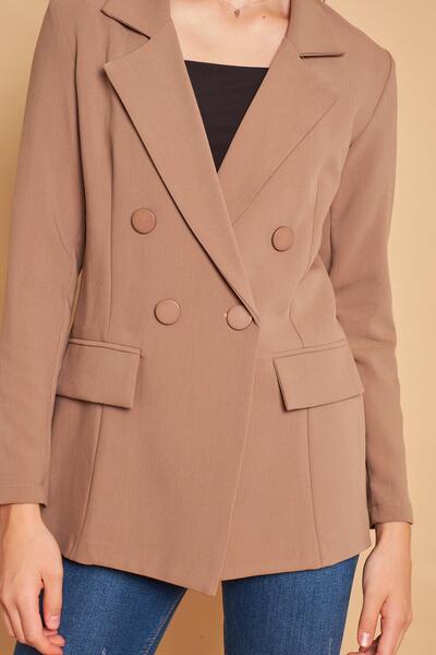 Jument Women's Button Detailed Long Sleeve Stylish Office Ornamental Pocket Flap Fabric Blazer Jacket - Light Mink