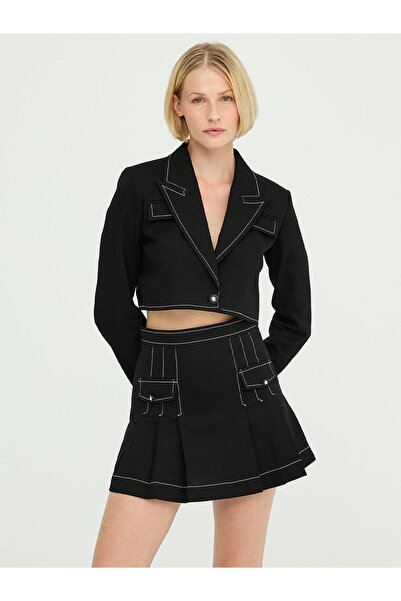 Juste Gabardin Dikiş Detaylı Pileli Mini Etek Siyah