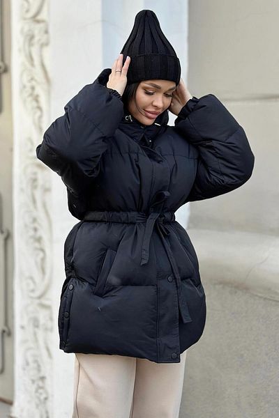 Madmext Black Hooded Puffer Jacket with Belt Detail Mg2179