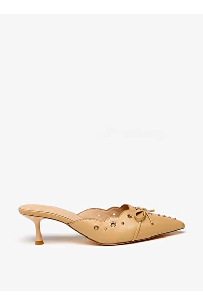 Flora Bella by Shoexpress Flora Bella Eyelet Tetxured Slip-On Mules with Bow Applique and Cone Heels