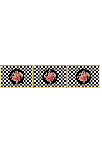 tarzınısec Black and White Checkered Floral Patterned Runner and American Service Tablecloth