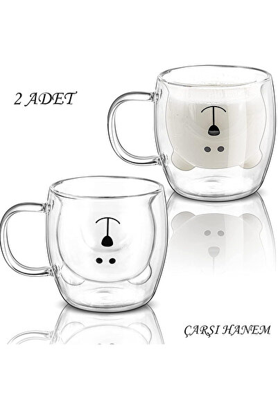 ÇARŞI HANEM 2 Adet Ayıcık Tasarımlı Çift Cidarlı Kulplu Cam Kupa 250 Ml Hediy...