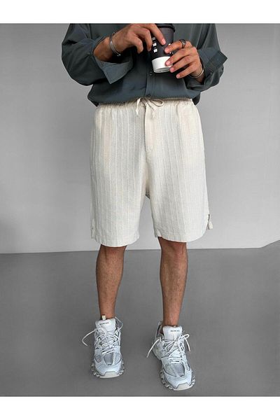 ablukaonline Pantaloni scurți pentru bărbați de culoare bej - Aspect de in cu elastic și în dungi