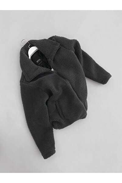 ablukaonline Unisex Oversize Stand Collar Plush Jacket Anthracite