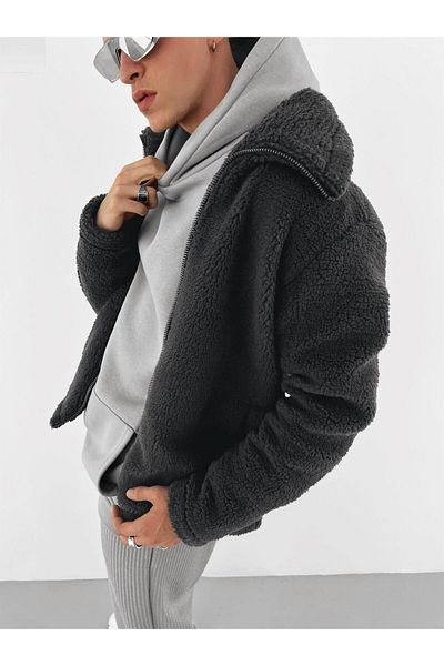 ablukaonline Unisex Oversize Stand Collar Plush Jacket Anthracite