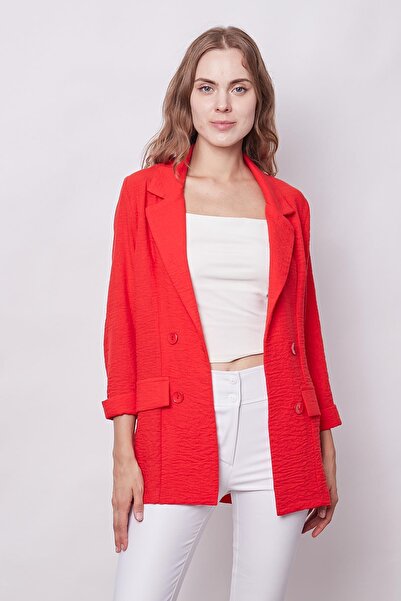 Jument Linen Oversize Blazer Jacket - Collared Pocket, Dark Coral, Lycra Free Summer