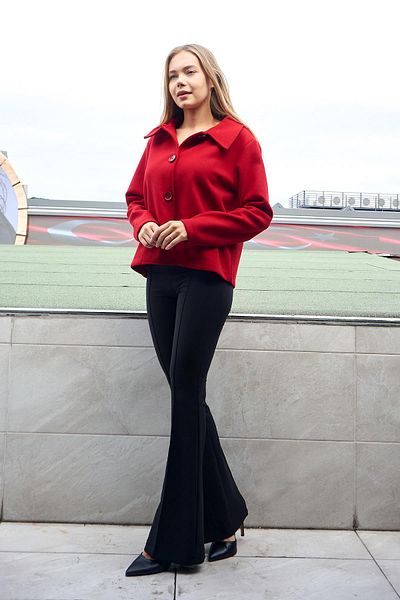 Jument Red Long Sleeve Collared Thick Stamped Short Coat