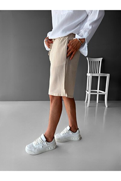 ablukaonline Men's Elastic Waist Line Patterned Shorts Cream