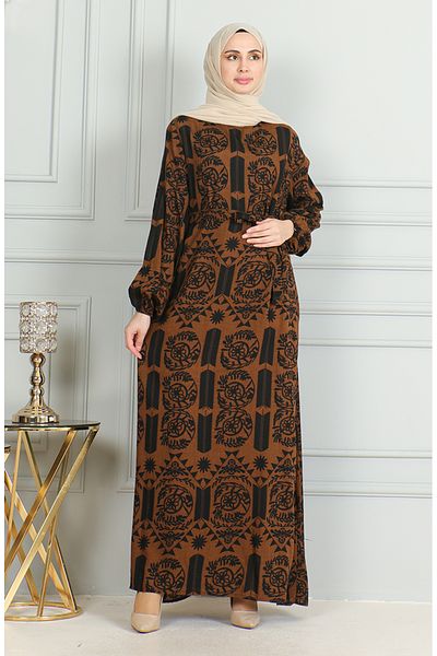 sefamerve Brown Viscose Dress - Patterned and Belted 0499-03