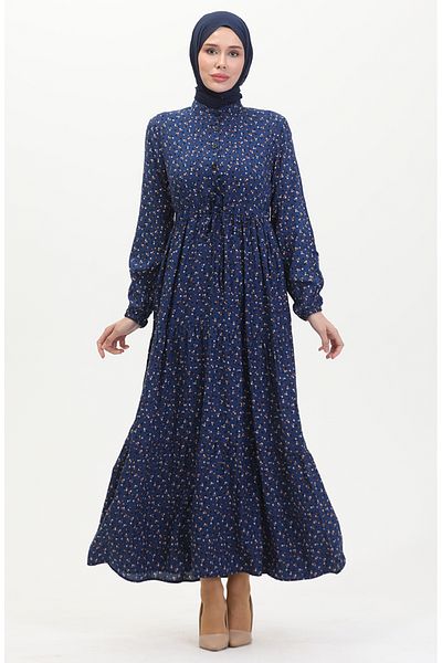 sefamerve Indigo Viscose Dress - Buttoned Front, Model 0514-04