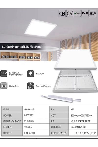 Gökyüzü Panel 60X60 Led Panel, Surface Mounted, 60 Watt, Led Luminaire, Self-Case, 6400 K, White Light, Ceiling Model