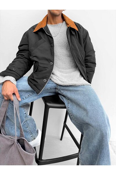 ablukaonline Ανδρικό ρετρό παλτό oversize γιακά μαύρο