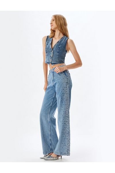 Koton Stone DeTailed Wide Leg Wide Leg Jeans - Loose Fit with Buttoned pockets