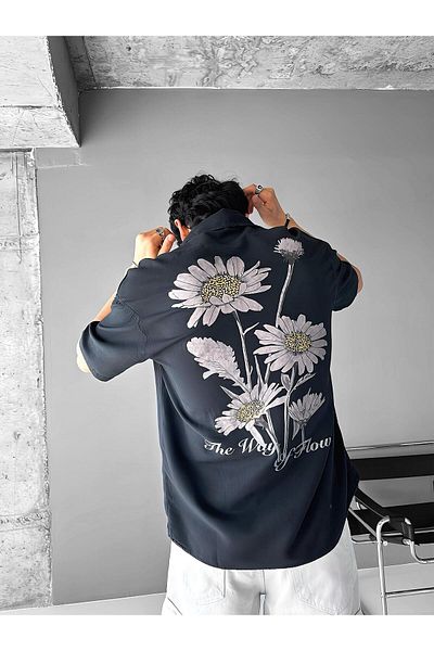 ablukaonline Smoked Men's Oversize Shirt -'Flowers the Way' Printed Pattern