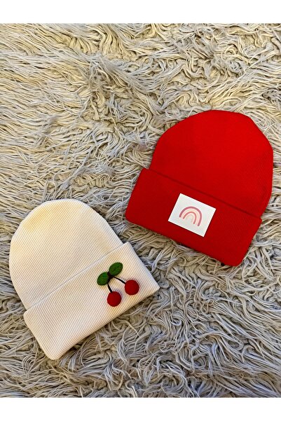 enes baby 2li paket esnek ribana kirazlı etiketli kız çocuk  bere