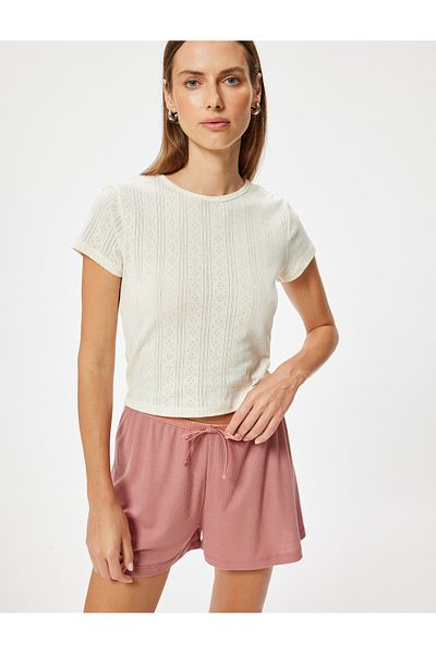 Koton Crop-Pyjama-Oberteil, kurzärmelig, Rundhalsausschnitt, bequeme Passform