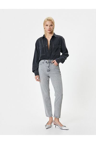 Koton High Waist Jeans Straight Leg Pocket - Mom Jean