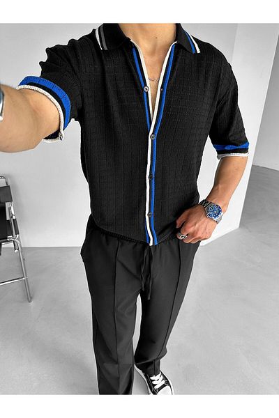 ablukaonline Μαύρο ανδρικό πλεκτό πουκάμισο Oversize - Δίχρωμο σχέδιο