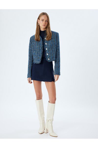 Koton Tweedjacke mit Rundhalsausschnitt und Quastendetail – Tasche und Knopf