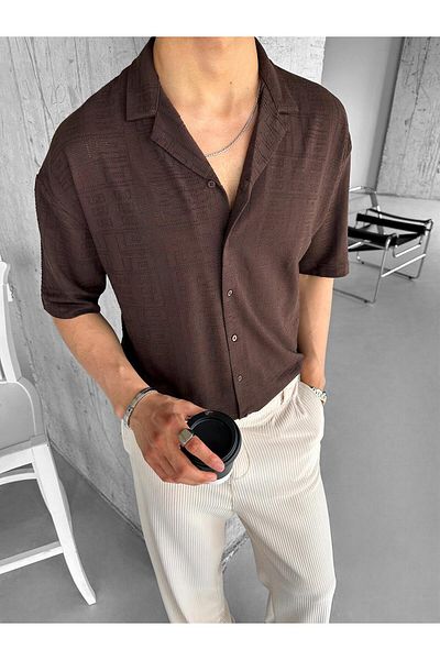 ablukaonline Men's Oversize Cuban Collar Patterned Mesh Shirt Brown