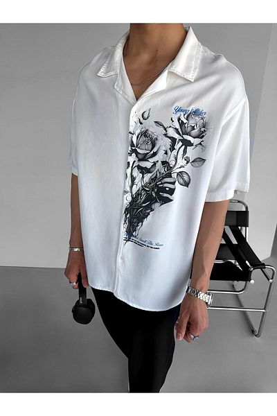 ablukaonline Ανδρικό πουκάμισο Oversize 'young Atelier' με εμπριμέ λουλούδια λευκό
