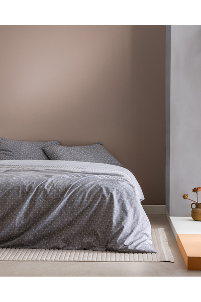 Madame Coco Hugo King Size Pamuklu Baskılı Nevresim Takımı - Gri