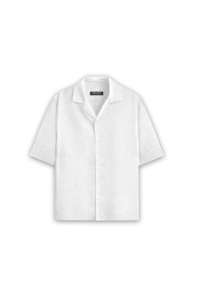 ablukaonline Ανδρικό πουκάμισο Seersucker με μακριά εφαρμογή, ελαστικό κουβανέζικο γιακά λευκό