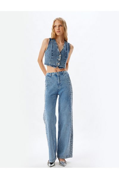 Koton Stone DeTailed Wide Leg Wide Leg Jeans - Loose Fit with Buttoned pockets