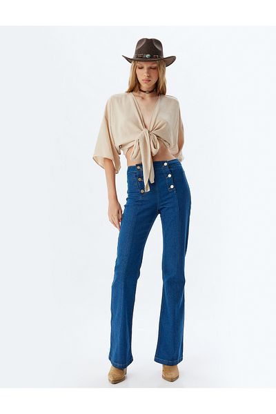 Koton High Waist Flared Leg Button Detailed Slim Jeans