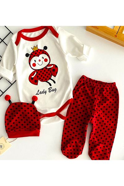 DERİNBEBE Ladybug Printed Cheerful Baby Set - Beret Foot Booties, Set of Three