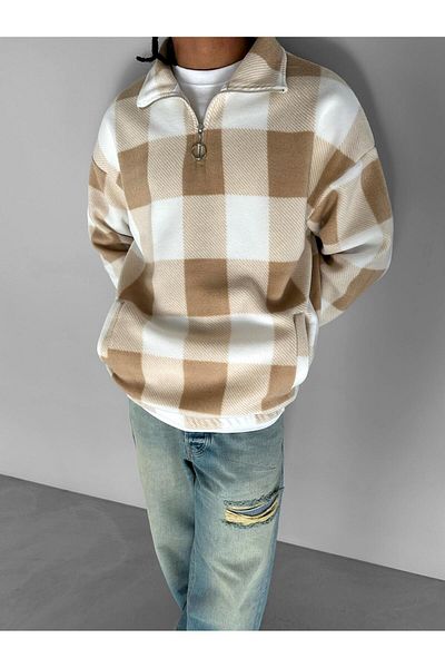 ablukaonline Μπεζ ανδρικό φούτερ Fleece - Μισό φερμουάρ, καρό σχέδιο, υπερμεγέθη κοπή