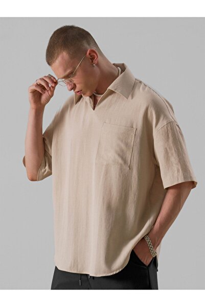 ablukaonline Béžová pánská košile s výstřihem do V