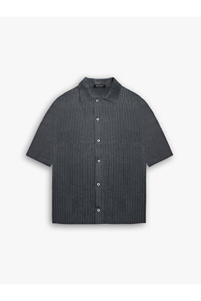 ablukaonline Smoke Colored Men's Oversize Shirt - Cuban Collar, Ribbed Design