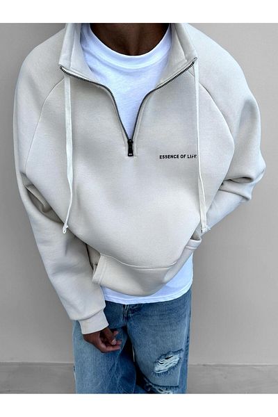 ablukaonline Ανδρικό φούτερ Oversize σε μπεζ χρώμα - Μισό φερμουάρ