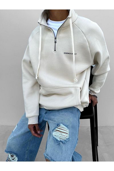 ablukaonline Ανδρικό φούτερ Oversize σε μπεζ χρώμα - Μισό φερμουάρ