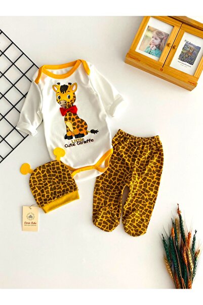 DERİNBEBE Giraffe Printed Cheerful Baby Set - Set of Three with Beret Feet an...